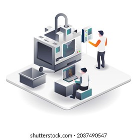
CNC machine operator and 3d design in isometric illustration