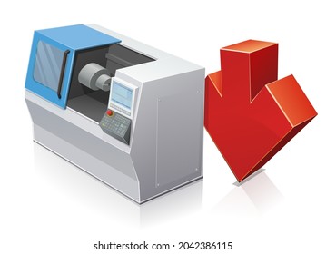 CNC Machine Tool With A Red Descending Arrow