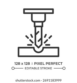 Ícone de linha de usinagem CNC. Máquinas precisas, tecnologia metalúrgica. Processamento de materiais, engenharia. Ilustração isolada de vetor. Símbolo de estrutura de tópicos. Desenho linear simples. Traçado editável