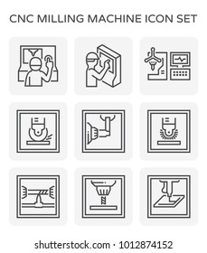 CNC Milling Process And Computer Control Machine Using Rotary Cutter To Remove Material From Work Piece, 
CNC Operator Operating CNC Machine To Drilling, Grinding, Milling Etc. Vector Icon Set.