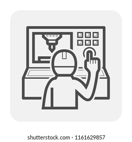 CNC milling process and computer control machine using rotary cutter to remove material from work piece, 
CNC operator operating CNC machine to drilling, grinding, milling etc. Vector icon set.