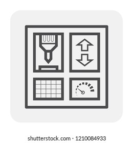 CNC milling process and computer control machine using rotary cutter to remove material from work piece, 
CNC machine to drilling, grinding, milling etc. Vector illustration icon design.