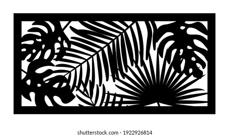 Patrón Cnc con hojas de palma. Panel decorativo, pantalla, pared. Hojas de la jungla vectorial, panel exótico monstera cnc para corte láser. Plantilla para partición interior, separador de habitaciones, valla de privacidad.