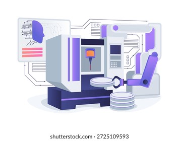 CNC Robotic Integration abstract concept vector illustration. Robot precisely loads and unloads parts into CNC machines for uninterrupted machining cycles. abstract metaphor.