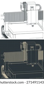 Máquina de fresagem de roteador CNC desenhos isométricos ilustrações vetoriais estilizadas