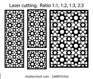 CNC-Vorlagensatz.Lasermuster. Reihe von geometrischen dekorativen Vektorillustrationen für das Laserschneiden.