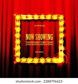 Cnema golden square frame with shining light bulbs on red curtains background. vector illustration