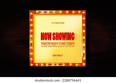 Cnema golden square frame with shining light bulbs on red curtains background. vector illustration