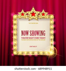 Cnema golden square frame with shining light bulbs with three stars on red curtains background. vector illustration