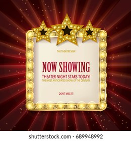 Cnema golden square frame with shining light bulbs with three stars on red curtains background. vector illustration
