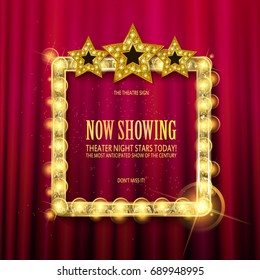 Cnema golden square frame with shining light bulbs with three stars on red curtains background. vector illustration