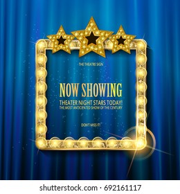 Cnema golden square frame with shining light bulbs with three stars on blue curtains background. vector illustration