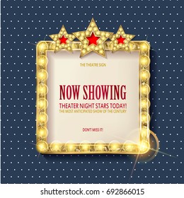 Cnema golden square frame with shining light bulbs with three stars on the background of polka dot. vector illustration