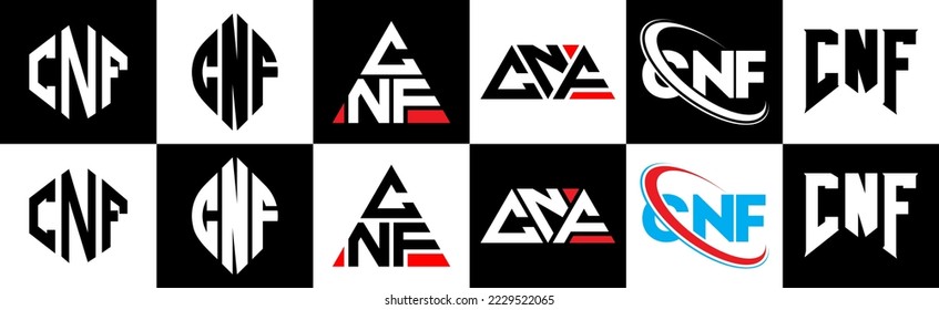 CNF letter logo design in six style. CNF polygon, circle, triangle, hexagon, flat and simple style with black and white color variation letter logo set in one artboard. CNF minimalist and classic logo