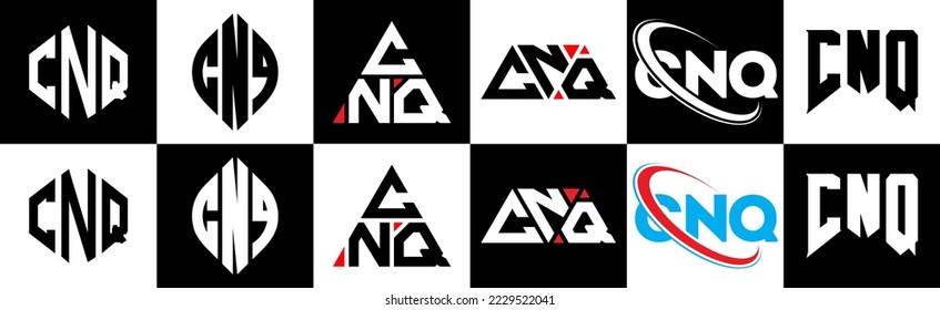 CNQ letter logo design in six style. CNQ polygon, circle, triangle, hexagon, flat and simple style with black and white color variation letter logo set in one artboard. CNQ minimalist and classic logo