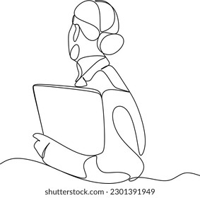 Dibujo continuo de líneas de una joven y bella mujer de negocios concentrada trabajando en una laptop en una oficina moderna y brillante. Uso de computadoras portátiles por parte de las mujeres para hacer compras en línea