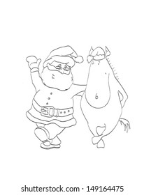 Cntour of  symbol of year 2014 funny horse dancing with cheerful Santa on isolated white background. Illustration, vector