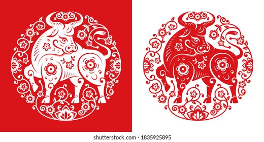 CNY 2021 Metal ox symbol in papercut flower circle, white and red. Vector bull, zodiac sign Chinese New Year mascot, horned animal in oriental calendar, greeting card design. Peony blossoms around ox
