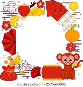 CNY 2028 monkey lunar lantern festival circle round frame. Vector graphic line illustration template