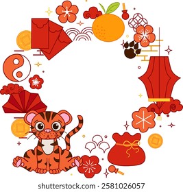 CNY 2034 Tiger circle round vector frame template for your text traditional frame design. Graphic line illustration chinese lunar new year, CNY lantern festival 2034 mascot
