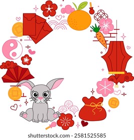 CNY 2035 Rabbit bunny circle round vector frame template for your text traditional frame design. Graphic line illustration  lunar lantern festival
