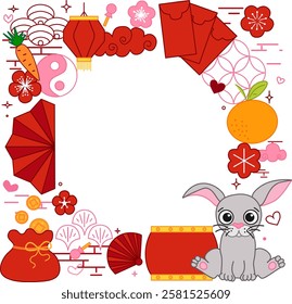 CNY 2035 rabbit bunny lunar lantern festival circle round frame in square. Vector graphic line illustration template

