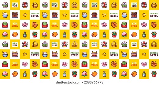 CNY with 8bit Graphics Seamless Print Pattern. Alcohol Bottles, Oranges and Dragon Masks in Pixel Art. Retro 90s Repeat Backgrounds for Decor, Gaming and New Year Festival Decor.