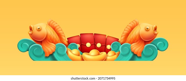 CNY carp or koi fish on waves with gold bars and wealth, red hongbao envelopes and 3d effect. Isolated chinese traditional art, aquatic animal and symbol of fortune and luck. Vector illustration