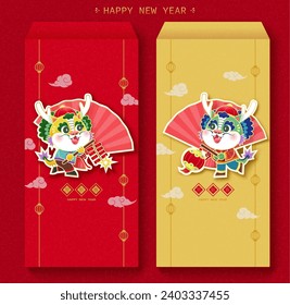 CNY cartoon dragon red envelope template set isolated on red background Text: Happy new year.
