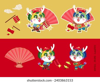 CNY cartoon dragons element set isolated on khaki and red background.