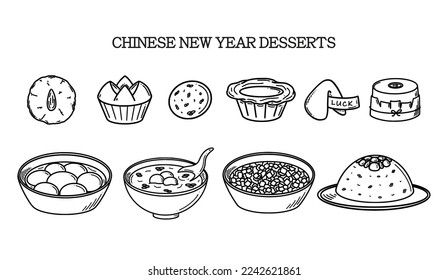 CNY celebration, Chinese New Year Desserts vector illustration in doodle style. Traditional Asian food cuisine drawing
