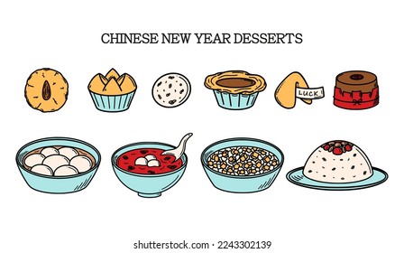 CNY celebration, Chinese New Year Desserts vector illustration in doodle style. Traditional Asian food cuisine drawing
