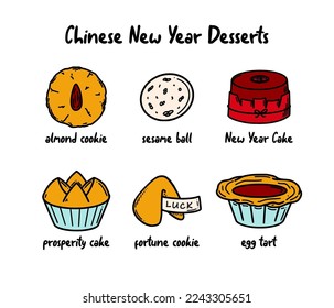 CNY celebration, Chinese New Year Desserts vector illustration in doodle style. Traditional Asian food cuisine drawing
