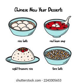 CNY celebration, Chinese New Year Desserts vector illustration in doodle style. 