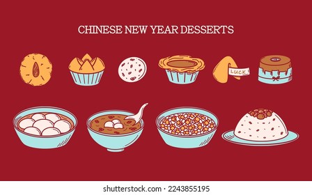 CNY celebration, Chinese New Year Desserts vector illustration in doodle style. Traditional Asian food cuisine drawing
