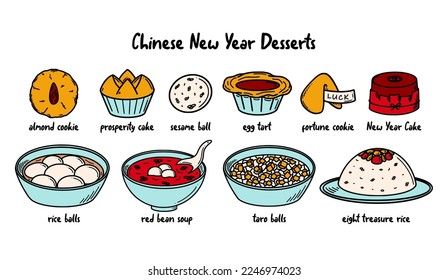 CNY celebration, Chinese New Year Desserts vector illustration in doodle style. 