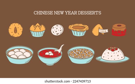 CNY celebration, Chinese New Year Desserts vector illustration in doodle style. Traditional Asian food cuisine drawing
