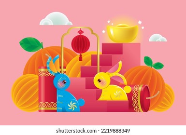 CNY Celebration Design with Rabbit Chinese Gold Ingot and Paper Art Mandarin Orange