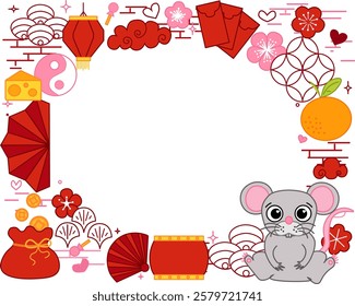 CNY Chinese new year 2032 Mouse rat. Lunar new year lantern festival rectangle frame with oval template for show product. Greeting card. Vector graphic line illustration
