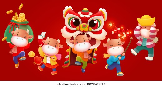 CNY cute cow characters playing together isolated on red banner