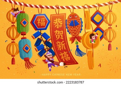 CNY decoration illustration. Cute miniature characters dangle on lanterns and new year ornaments. Yellow background with firework and confetti. Text: Fortune. Happy new year.