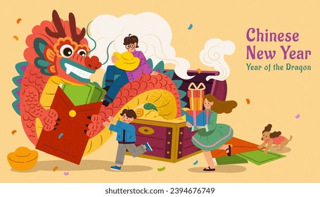 CNY Dragon popping out from treasure chest with people around on beige background.