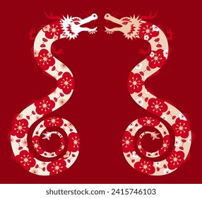 CNY elegant flower pattern dragons isolated on red background.