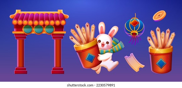 CNY element set isolated on blue background. Including Chinese vintage entrance, bunny carrying fortune sticks, coupon, lantern, and coin.