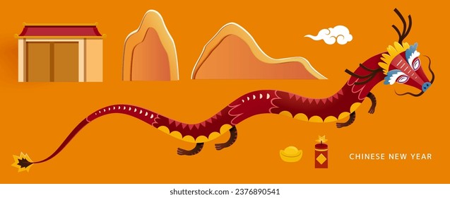 CNY element set isolated on orange background. Including red dragon, sycee, firecracker, oriental cloud, paper art building and mountains.