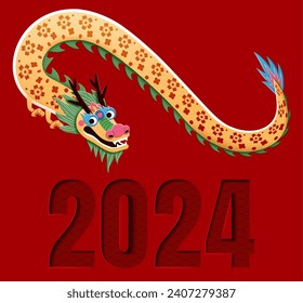 CNY flower pattern dragon and wave pattern carved 2024 elements isolated on red background.