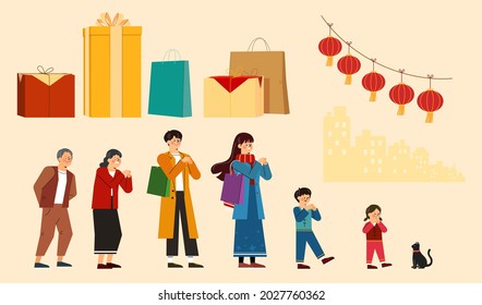 CNY gifts and Asian people. Hand-drawn illustration of gift boxes and three generations people including grandparents, parents and children on Chinese New Year and Spring Festival