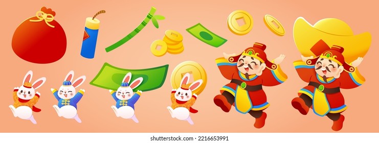 El dios CNY de la riqueza y los elementos conejillos aislados en el fondo naranja claro. Objetos de Año Nuevo chinos ilustrados, diferentes tipos de dinero, conejos con trajes populares y caishen.