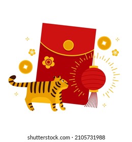 Premium Vector  Chinese new year two red envelopes with china gold pieces.  isolated flat vector illustration. translation - happy new year