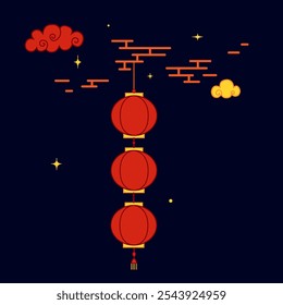 CNY, happy new year chinese holiday celebration. Night vector cartoon composition with lantern and clouds.  Vector in flat style
